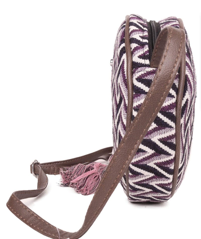 ASTRID Women's Cotton Round Sling Bag with Pompom Tassels (Purple) - Image 4