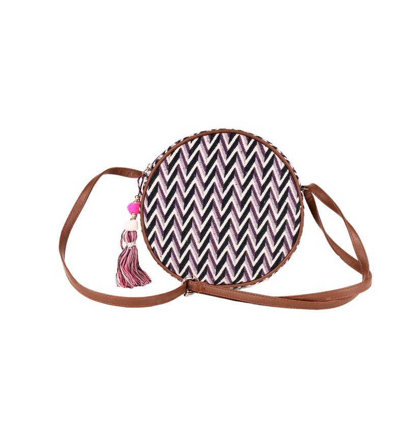ASTRID Women's Cotton Round Sling Bag with Pompom Tassels (Purple) - Image 1