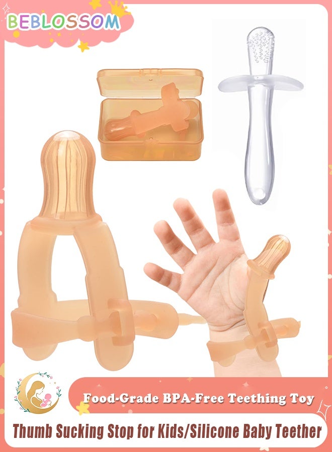 BEBLOSSOM Silicone Baby Teether & Thumb Sucking Stopper Set, Food-Grade BPA-Free Teething Toy with Adjustable Thumb Guard & Wrist Strap, Safe Oral Care for Babies - Image 1