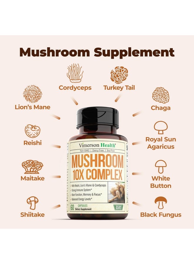 Vimerson Health 10-in-1 Mushroom Powder Supplement - Lion’s Mane Powder, Reishi Mushroom, Cordyceps, Chaga & more. Mushroom Complex Capsules for Memory, Focus, Immune Support, Energy. 60 Turkey Tail Mushroom Capsules - Image 5