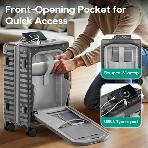 Joyway 20 Inch Carry on Luggage with Front Pocket, PC Hardshell Carry-on Suitcase with USB Port and Cup Holder, 21.5x14.2x9 Airline Approved, Luggage with Spinner Wheels and TSA Lock (Grey) - Image 2