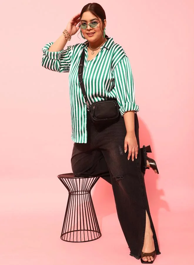 STREET 9 STREET 9 Plus Size Green Striped Long Sleeve Shirt