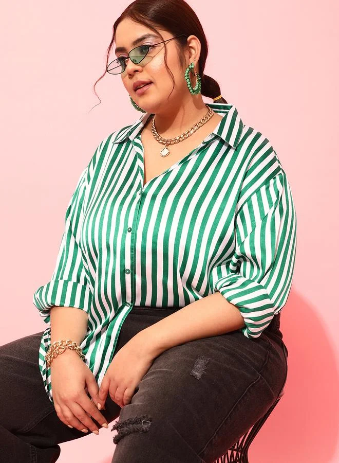 STREET 9 STREET 9 Plus Size Green Striped Long Sleeve Shirt