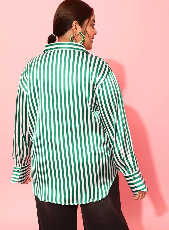 STREET 9 Plus Size Green Striped Long Sleeve Shirt
