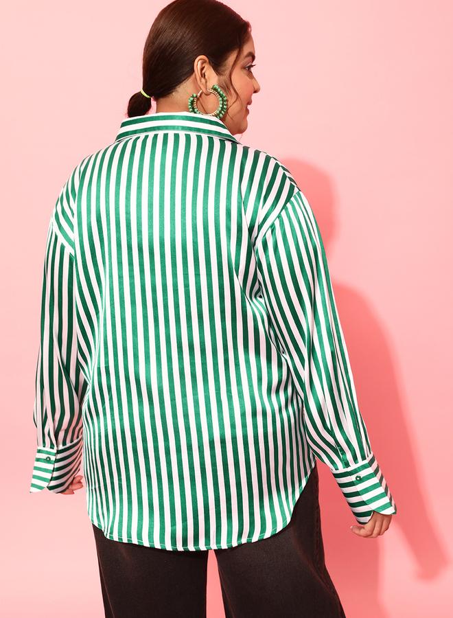 STREET 9 Plus Size Green Striped Long Sleeve Shirt - Image 4