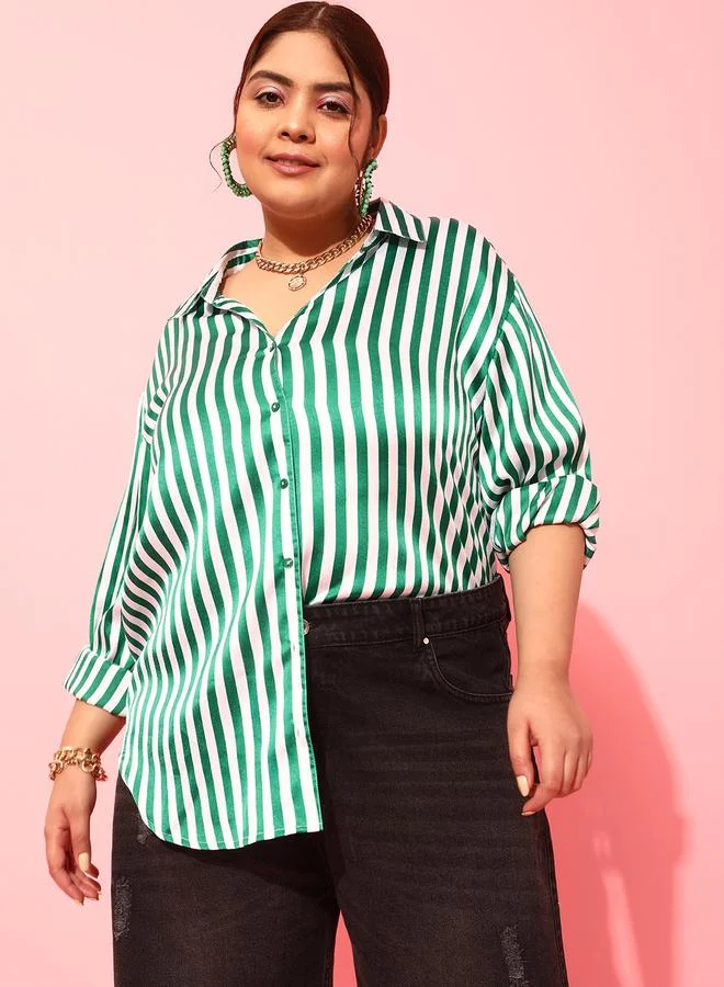 STREET 9 Plus Size Green Striped Long Sleeve Shirt