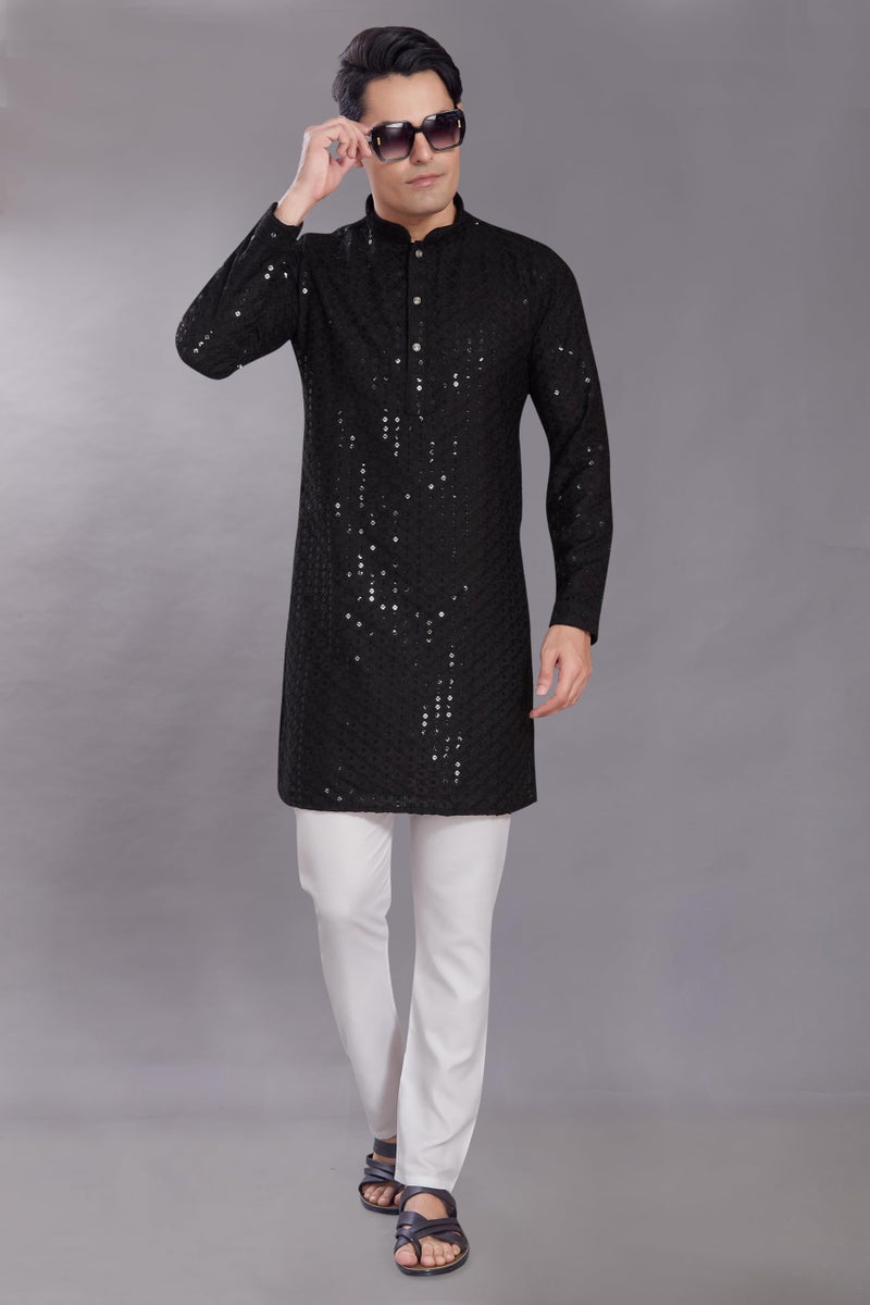 DIVISIVE Men's Sequince Embroidered Cotton Blend Only Slim Fit Kurta (DKRT575_L_Black) - Image 2