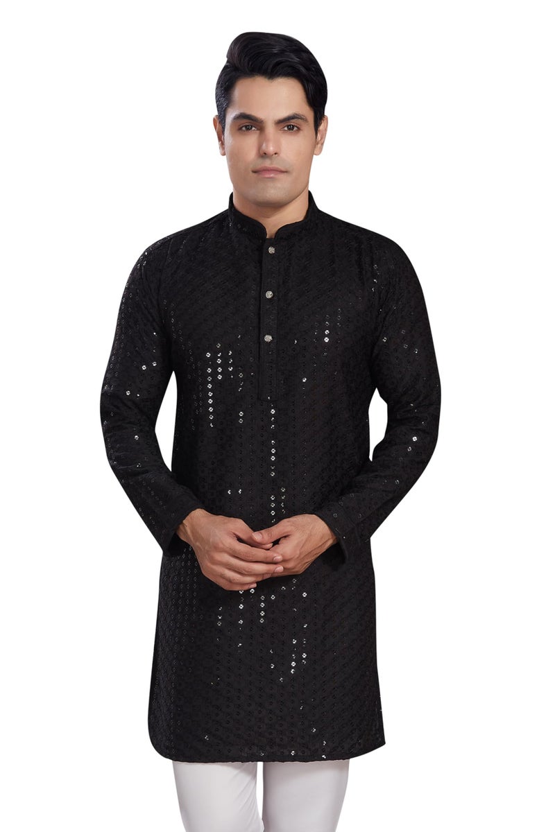DIVISIVE Men's Sequince Embroidered Cotton Blend Only Slim Fit Kurta (DKRT575_L_Black) - Image 1