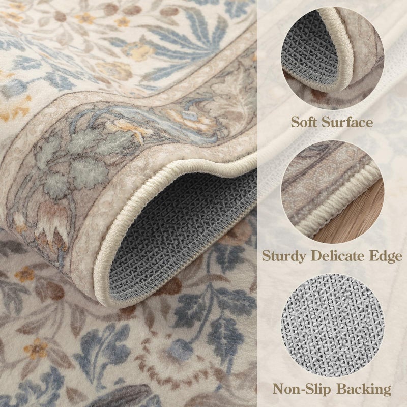 Beeiva Washable Runner Rug for Hallway 2x6 - Vintage Beige Stain Resistant Floral Kitchen Runner, Boho Bird Patterned Non Slip Rugs for Hallway Bathroom Laundry Room Bedroom Entryway - Image 4
