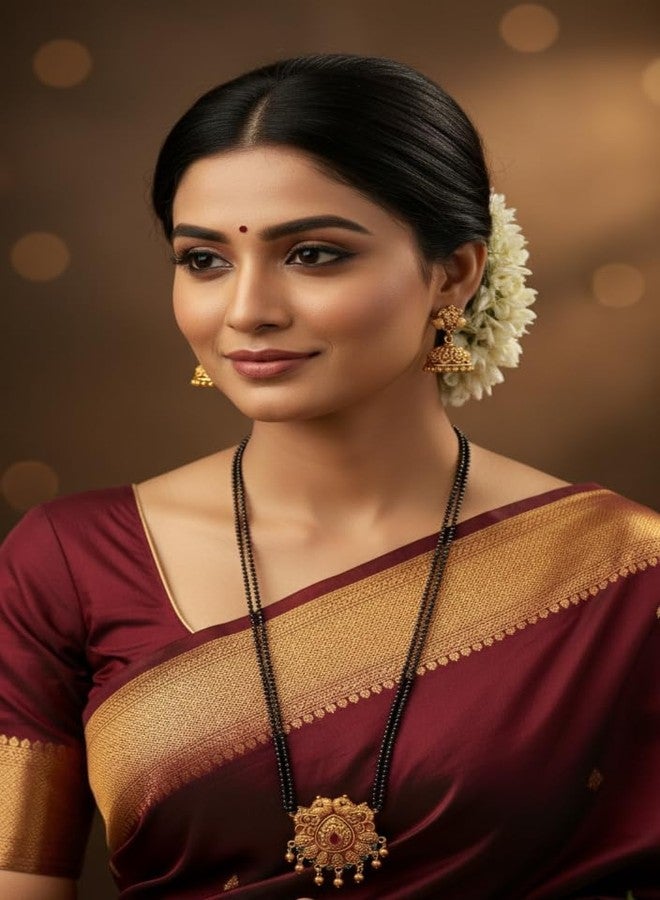 AAIKU Traditional Maharashtrian Antique Gold Round Pendant Mangalsutra with Jhumka Earrings | Black Bead Long Chain | Temple Design Bridal Jewelry for Women & Girls (30 INCH-2 LINE) - Image 2