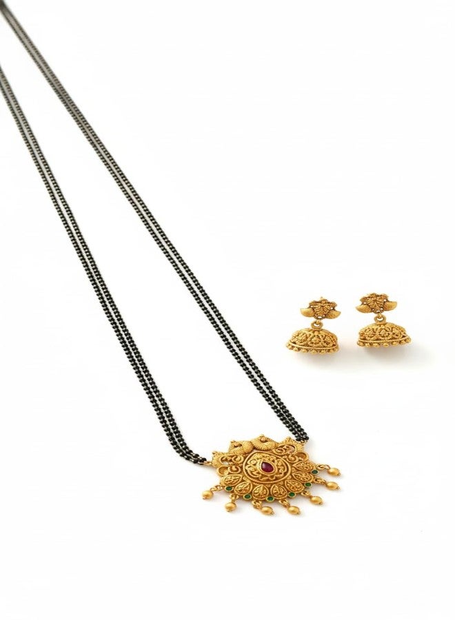 AAIKU Traditional Maharashtrian Antique Gold Round Pendant Mangalsutra with Jhumka Earrings | Black Bead Long Chain | Temple Design Bridal Jewelry for Women & Girls (30 INCH-2 LINE) - Image 1