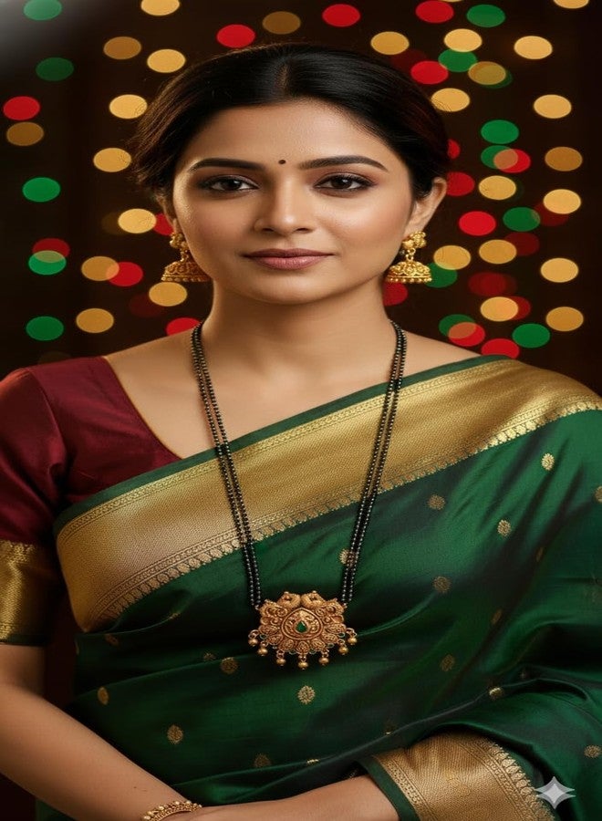 AAIKU Traditional Maharashtrian Antique Gold Round Pendant Mangalsutra with Jhumka Earrings | Black Bead Long Chain | Temple Design Bridal Jewelry for Women & Girls (30 INCH-2 LINE) - Image 4