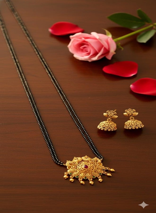 AAIKU Traditional Maharashtrian Antique Gold Round Pendant Mangalsutra with Jhumka Earrings | Black Bead Long Chain | Temple Design Bridal Jewelry for Women & Girls (30 INCH-2 LINE) - Image 5