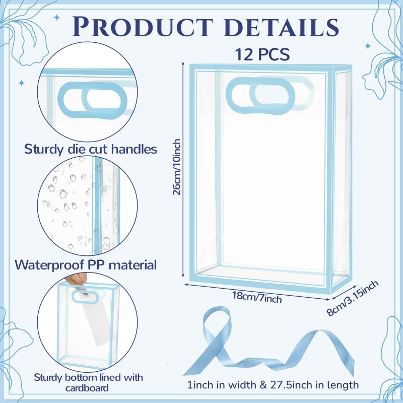 Aliceset 12 Pcs Clear Plastic Gift Bag with Die Cut Handles Reusable PP Favor Bag with Ribbon for Wedding Bridal Birthday Baby Shower Party Small Business, 7x10x3.15 Inch (Blue) - Image 2