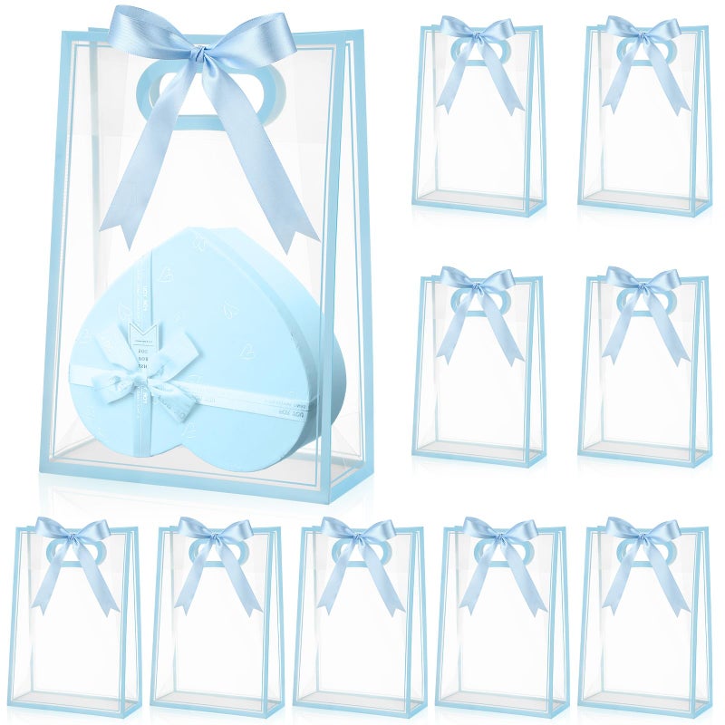 Aliceset 12 Pcs Clear Plastic Gift Bag with Die Cut Handles Reusable PP Favor Bag with Ribbon for Wedding Bridal Birthday Baby Shower Party Small Business, 7x10x3.15 Inch (Blue) - Image 1