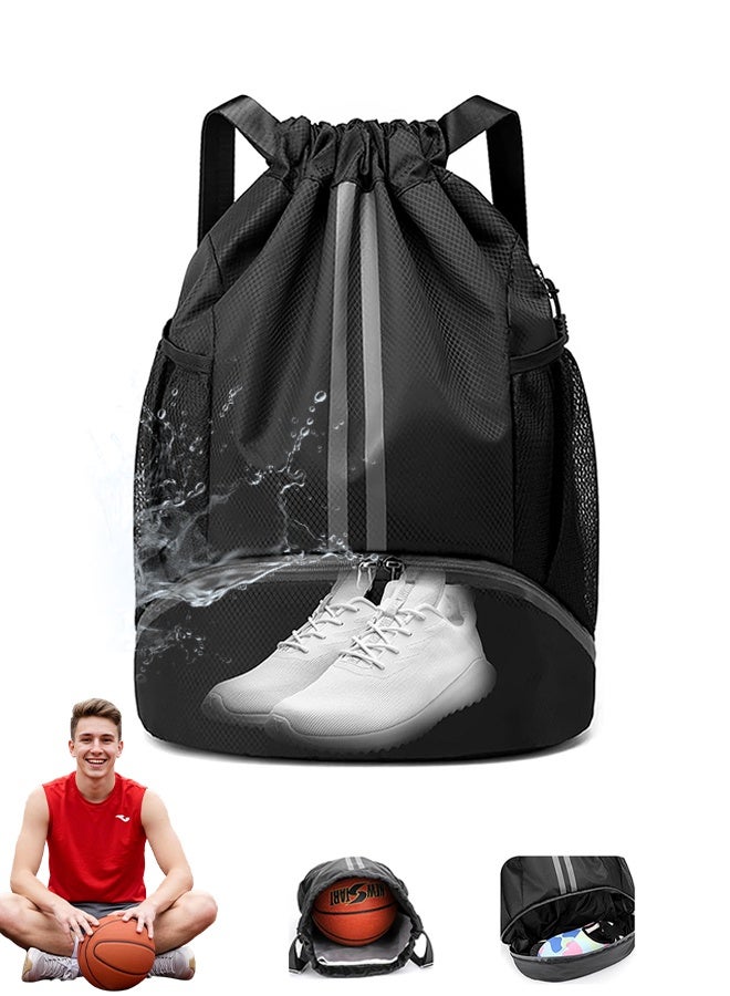 Drawstring Backpack Gym Bag with Shoes Compartment for Soccer, Basketball, Swim, Water-Resistant String Backpack Beach Cinch for Women Men