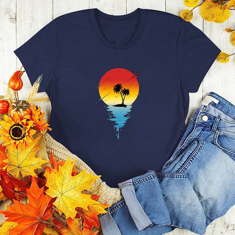 Spot 2023 European and American Sunset Beautiful Pattern Casual Women's Top Coconut Tree Printed Short Sleeve Women's T-Shirt - Image 1