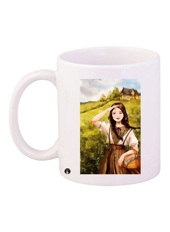 RYN Cartoon Girl Printed Coffee Mug White/Green/Beige 11ounce