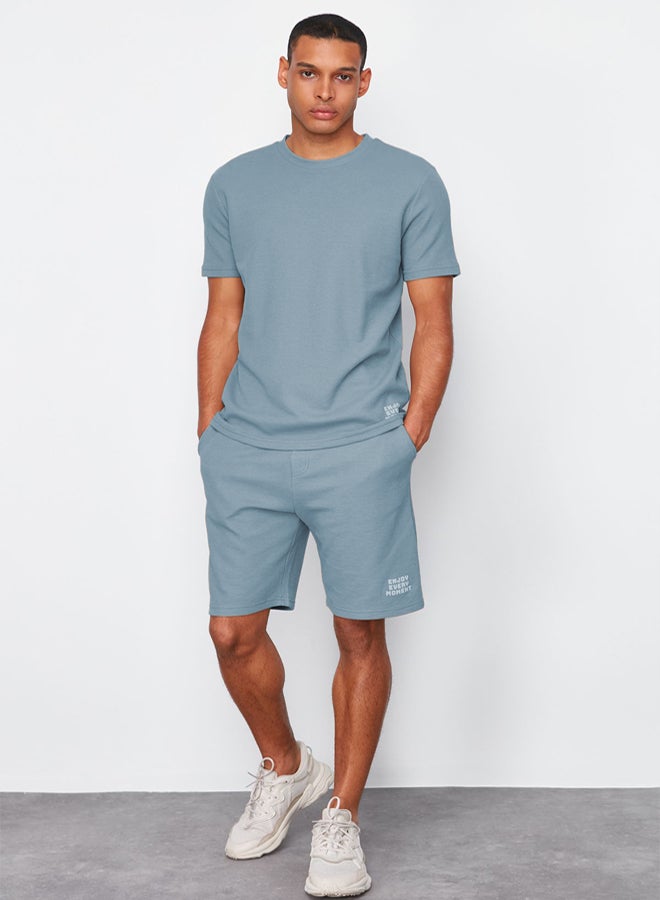 trendyol Blue Regular Fit Waffle Shorts Pajamas Set - Image 2