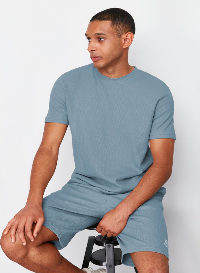 trendyol Blue Regular Fit Waffle Shorts Pajamas Set - Image 1