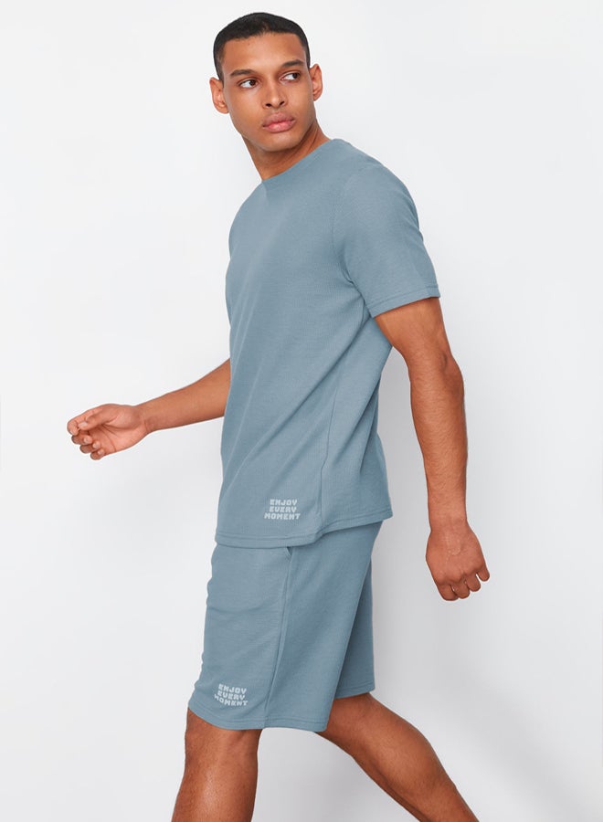 trendyol Blue Regular Fit Waffle Shorts Pajamas Set - Image 3