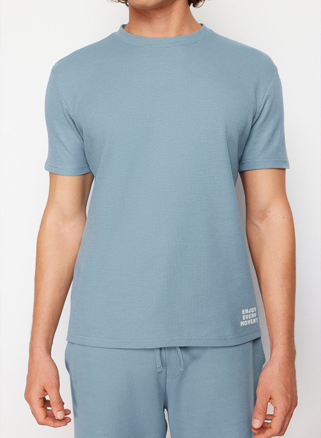 trendyol Blue Regular Fit Waffle Shorts Pajamas Set - Image 5