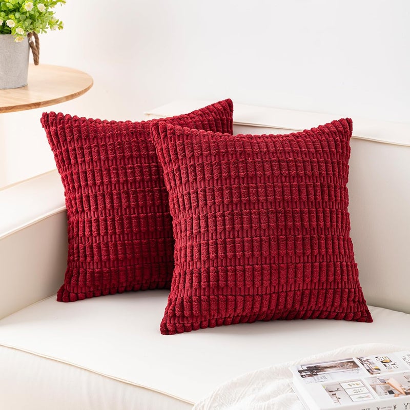 Aegero Pack of 2 Corduroy Decorative Throw Pillow Covers 16x16 Inch Soft Striped Pillow Covers Modern Farmhouse Home Decor for Sofa Living Room Couch Bed（Wine Red） - Image 1