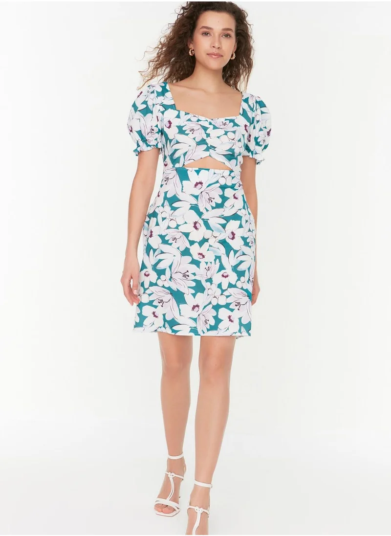 trendyol Floral Print Puff Sleeve Cut Out Detail Dress