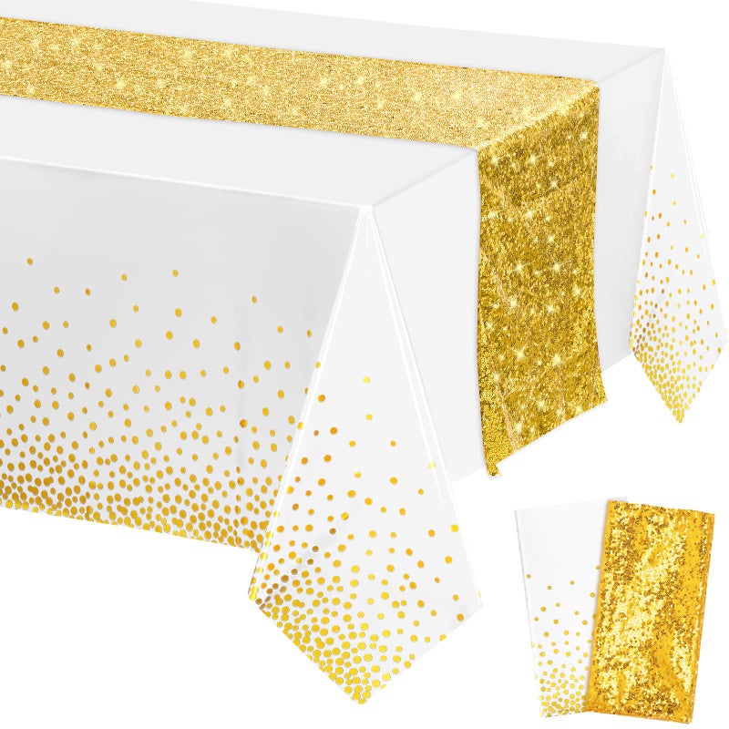Tablecloth and Sequin Table Runner Set Polka Dots Confetti Table Cover Dining Plastic Table Cloths Glitter Decorations for Birthday Wedding Anniversary Party Supplies White Gold 2 Pcs