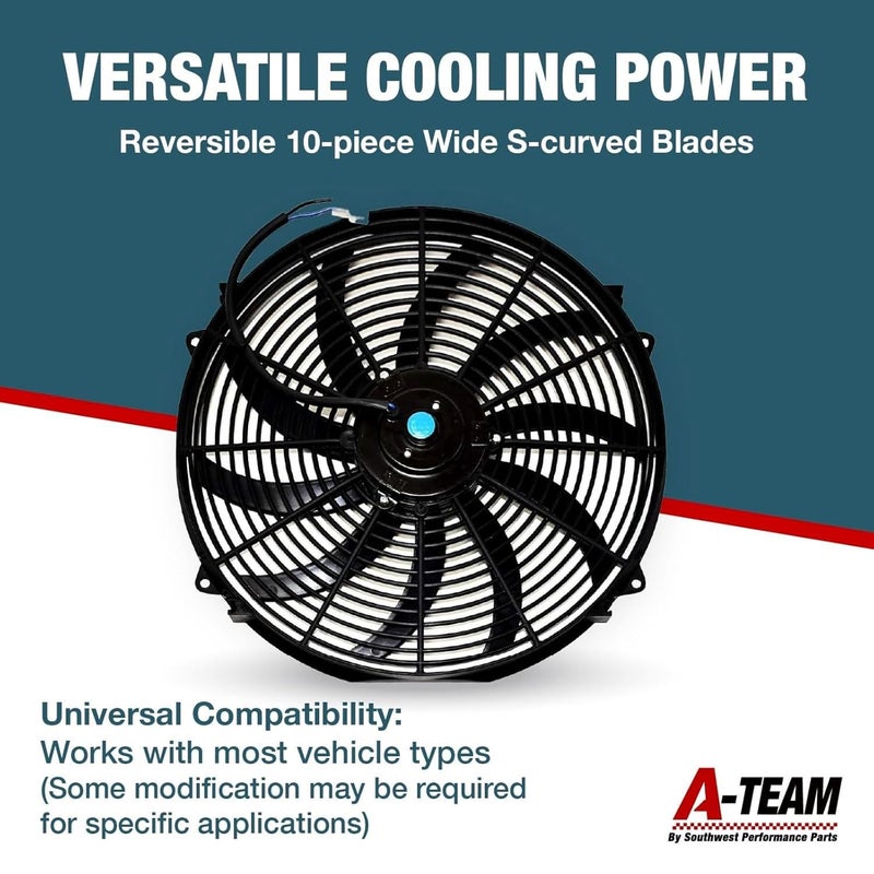 A-Team Performance 16" Electric Radiator Cooling Fan Kit - Reversible Push-Pull & 3000 CFM - 10 S-Curved Blades & Thermostat Control - Fan Mounting Kit & Universal Fit - 12V, 3-Pin Connector - Image 2