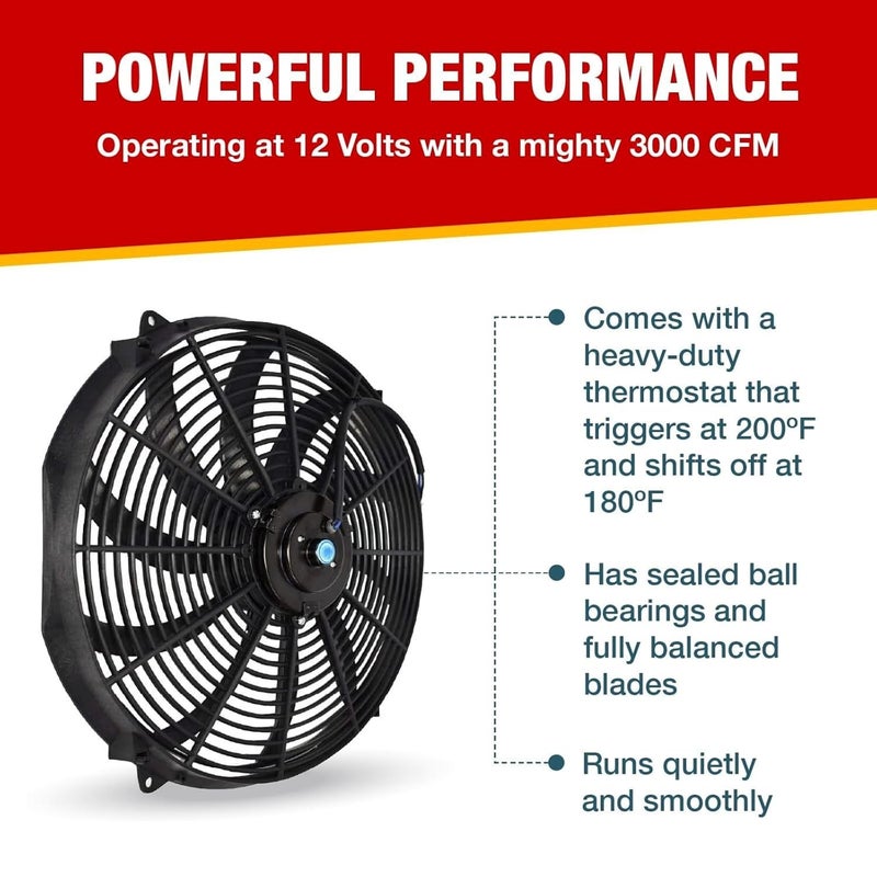 A-Team Performance 16" Electric Radiator Cooling Fan Kit - Reversible Push-Pull & 3000 CFM - 10 S-Curved Blades & Thermostat Control - Fan Mounting Kit & Universal Fit - 12V, 3-Pin Connector - Image 3