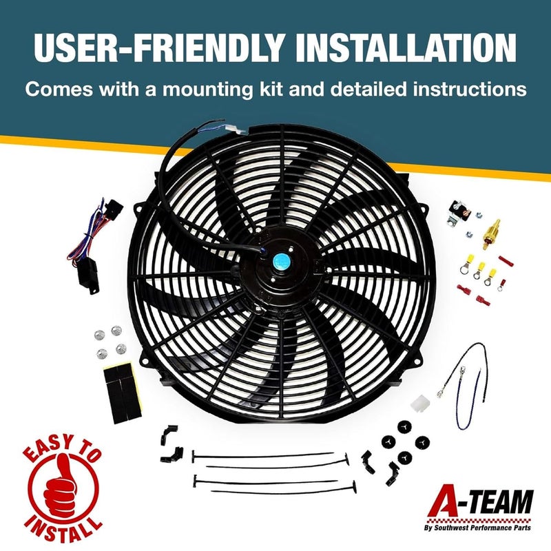 A-Team Performance 16" Electric Radiator Cooling Fan Kit - Reversible Push-Pull & 3000 CFM - 10 S-Curved Blades & Thermostat Control - Fan Mounting Kit & Universal Fit - 12V, 3-Pin Connector - Image 4