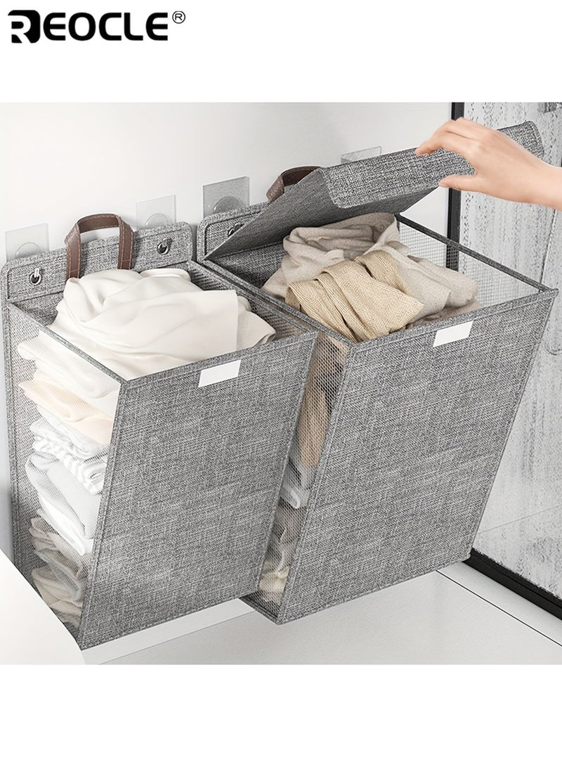 REOCLE 2pcs Wall Hanging Hamper Foldable Laundry Basket with Handle for Dirty Clothes Space-Saving Storage for Bathroom Bedroom Living Room - Image 5