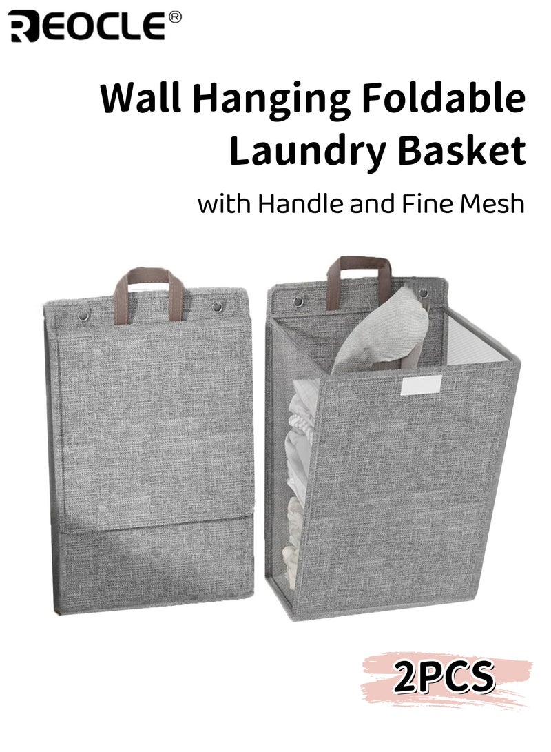 REOCLE 2pcs Wall Hanging Hamper Foldable Laundry Basket with Handle for Dirty Clothes Space-Saving Storage for Bathroom Bedroom Living Room - Image 1