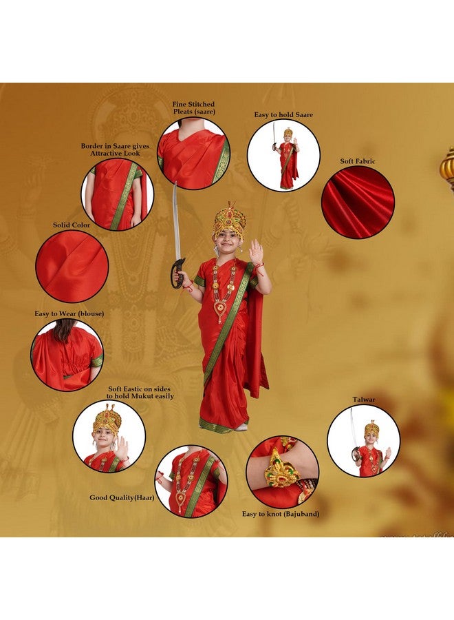Kaku Fancy Dresses Silk Devi Durga Red Saree With Jewellery For Girls | Ready To Wear Saree | Mythological Godess Costume With Accessories - 7-8 Years - Image 3