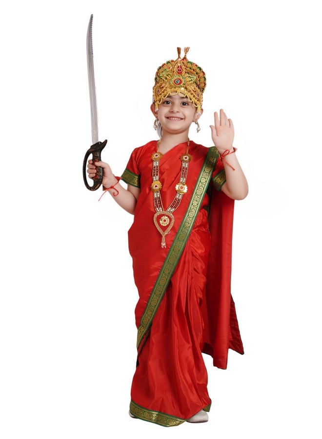 Kaku Fancy Dresses Silk Devi Durga Red Saree With Jewellery For Girls | Ready To Wear Saree | Mythological Godess Costume With Accessories - 7-8 Years - Image 1
