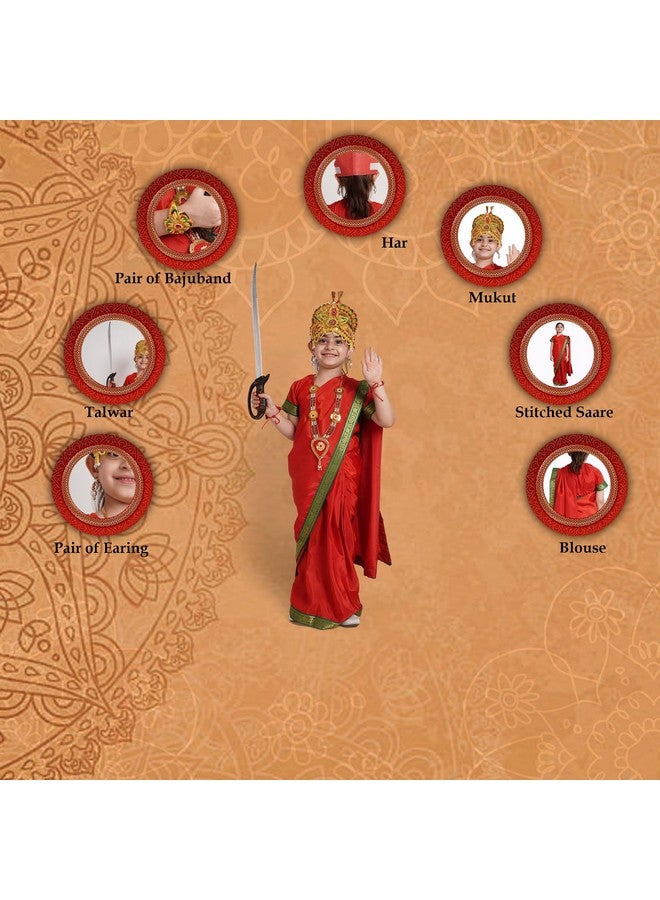 Kaku Fancy Dresses Silk Devi Durga Red Saree With Jewellery For Girls | Ready To Wear Saree | Mythological Godess Costume With Accessories - 7-8 Years - Image 2