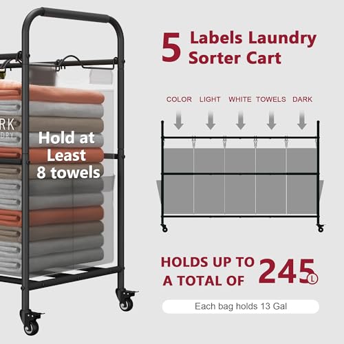 Tajsoon Laundry Sorter, Laundry Hamper 5 Section with Heavy Duty Rolling Lockable Wheels, Laundry Basket Organizer with Removable Bags for Dirty Clothes Storage, Grey - Image 3