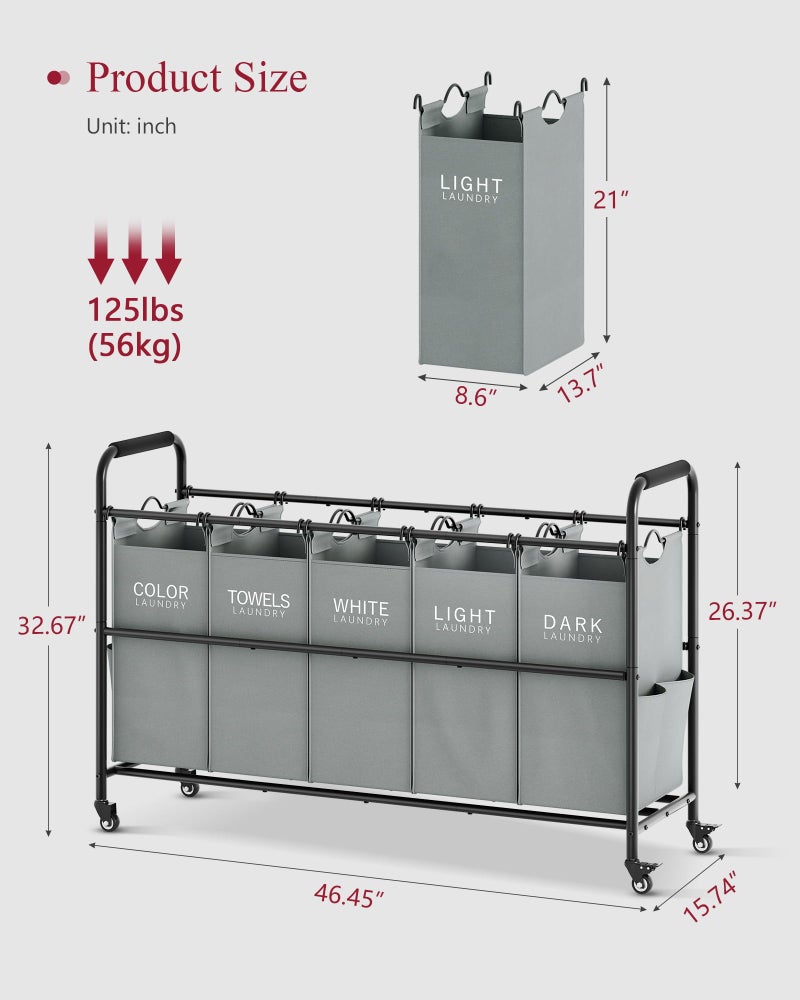 Tajsoon Laundry Sorter, Laundry Hamper 5 Section with Heavy Duty Rolling Lockable Wheels, Laundry Basket Organizer with Removable Bags for Dirty Clothes Storage, Grey - Image 4