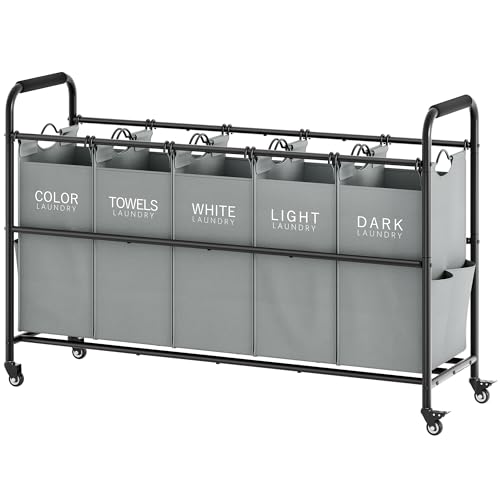 Tajsoon Laundry Sorter, Laundry Hamper 5 Section with Heavy Duty Rolling Lockable Wheels, Laundry Basket Organizer with Removable Bags for Dirty Clothes Storage, Grey - Image 1