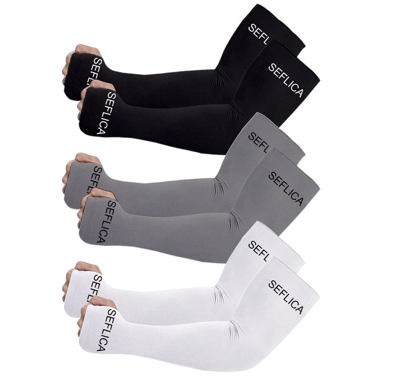 SEFLICA UV Sun Protection Cooling UPF 50 Compression Arm Sleeve for Men and Women With Thumb Hole, Arm Sleeves for Boys and Girls, For Tattoo Cover Up and Sports, 3 Pair - Black, Grey And White - Image 1