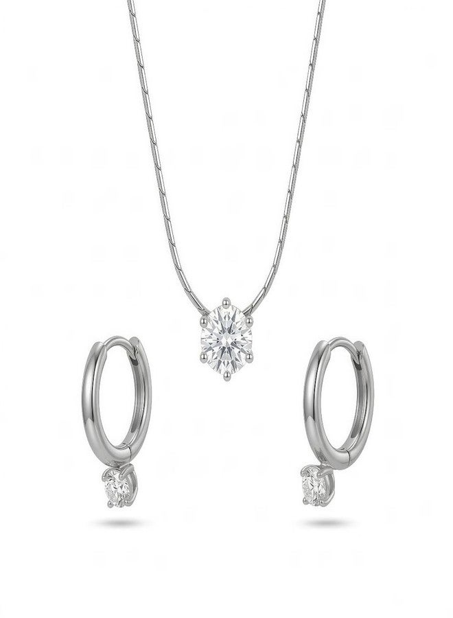 SHAHEEBA Silver Tone Anti Tarnish Solitaire Pendant Necklace with Hoop Drop Earrings Set for Girls & Women | Minimal Elegant Jewellery for Office Wear, Party & Gifting | Lightweight Korean Style - Image 1