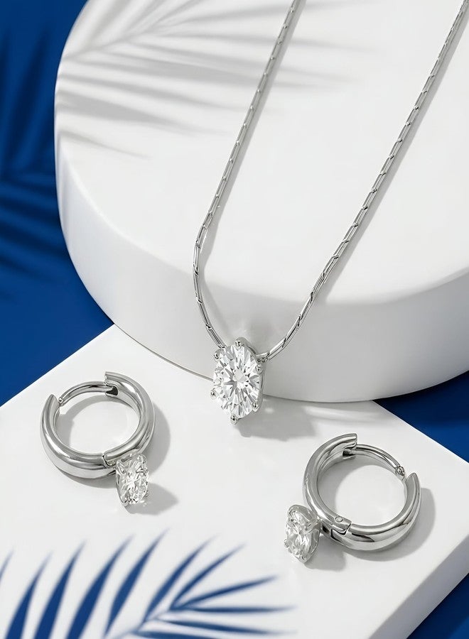 SHAHEEBA Silver Tone Anti Tarnish Solitaire Pendant Necklace with Hoop Drop Earrings Set for Girls & Women | Minimal Elegant Jewellery for Office Wear, Party & Gifting | Lightweight Korean Style - Image 5