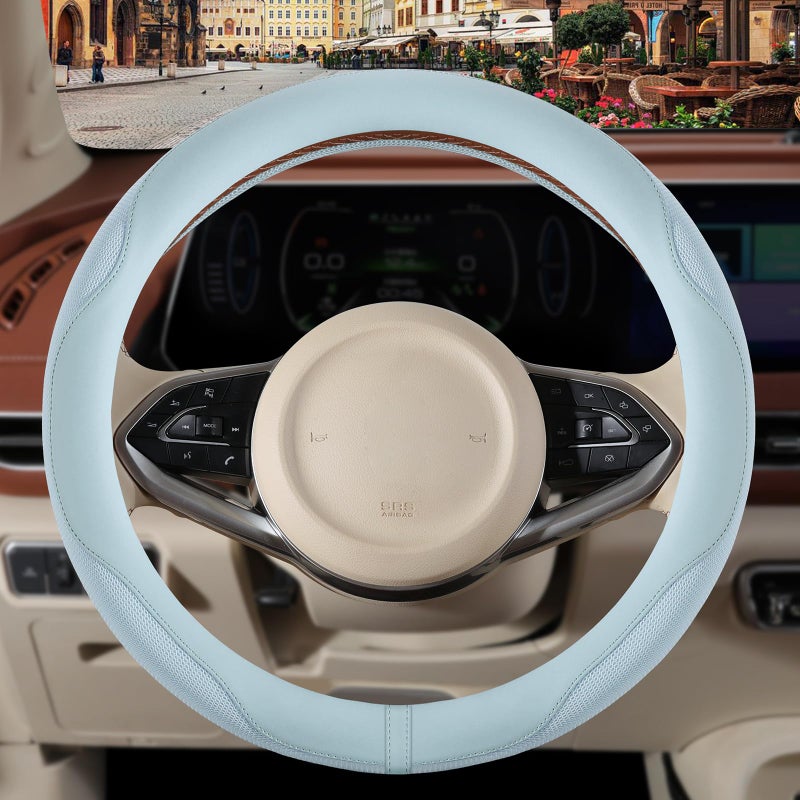 Binsheo Nappa Leather Blue Steering Wheel Cover, Advanced Microfiber Leather Non-Slip Breathable Fabric, Warm in Winter and Cool in Summer, Universal 15 inch - Image 2