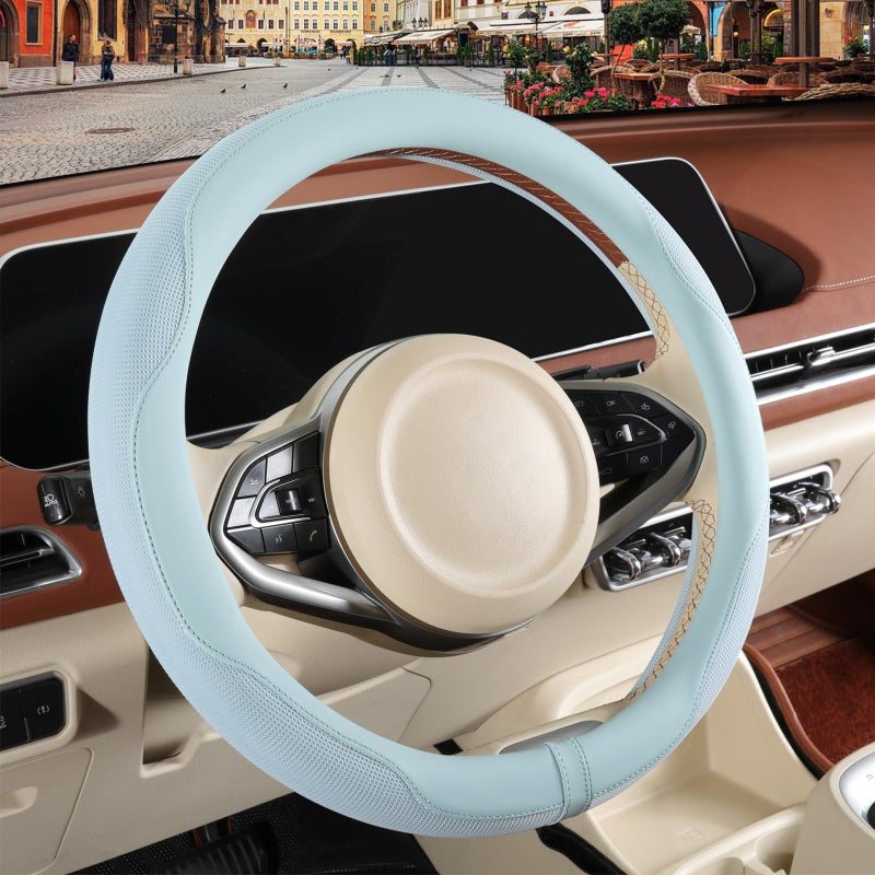 Binsheo Nappa Leather Blue Steering Wheel Cover, Advanced Microfiber Leather Non-Slip Breathable Fabric, Warm in Winter and Cool in Summer, Universal 15 inch - Image 1