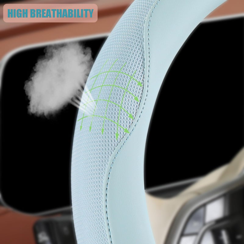 Binsheo Nappa Leather Blue Steering Wheel Cover, Advanced Microfiber Leather Non-Slip Breathable Fabric, Warm in Winter and Cool in Summer, Universal 15 inch - Image 3