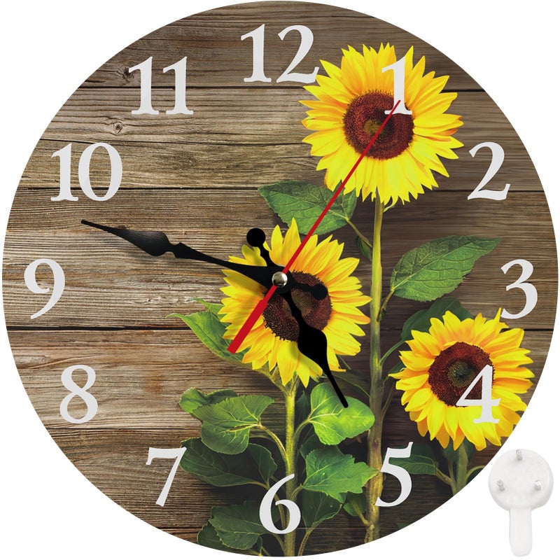 Britimes Round Wall Clock Silent NonTicking Battery Operated Clock 10 Inch Decor for Bathroom Bedroom Kitchen Office or School Sunflowers Wooden