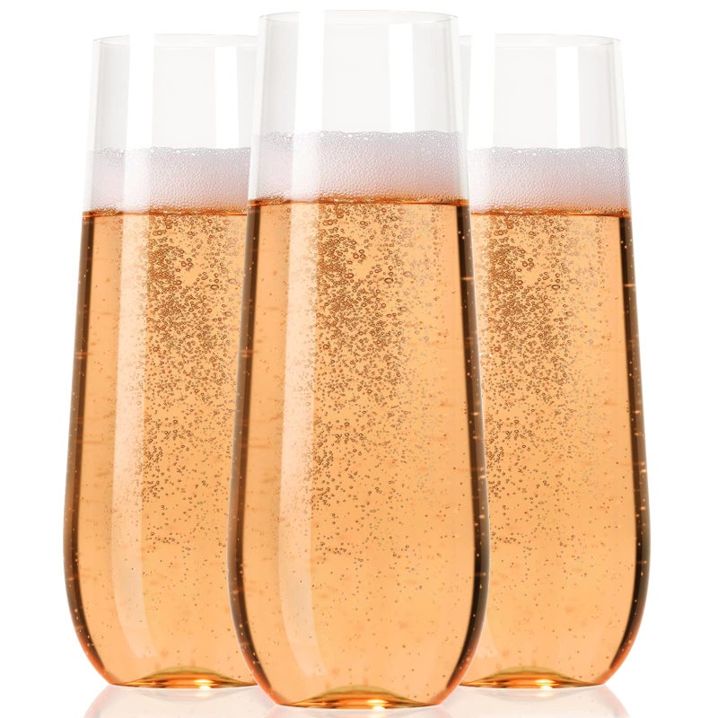 30 Holliday Stemless Champagne Flutes Plastic Disposable Unbreakable toasting glasses Clear Fancy Shatterproof Reusable 9 Oz Champagne glass BPA free Ideal for Weddings Birthdays Parties