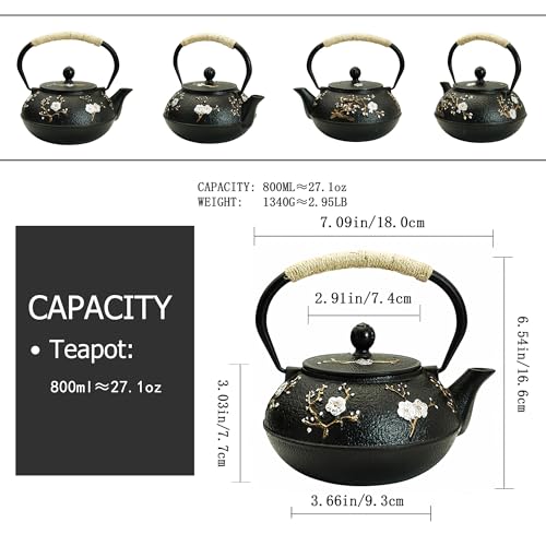YJX 27oz Small Cast Iron Teapot for Stovetop, Japanese Tetsubin with Enamel, Beautiful Decorative Tea Pot, Durable Tea Kettle with Stainless Steel Infuser for Loose Tea(800ML) - Image 5