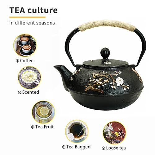 YJX 27oz Small Cast Iron Teapot for Stovetop, Japanese Tetsubin with Enamel, Beautiful Decorative Tea Pot, Durable Tea Kettle with Stainless Steel Infuser for Loose Tea(800ML) - Image 4